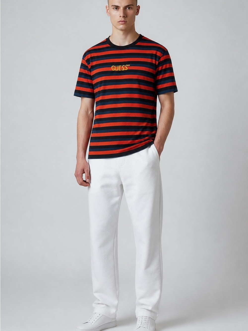 GUESS Originals Striped Embroidered Logo Tee Men’s Large Red Navy